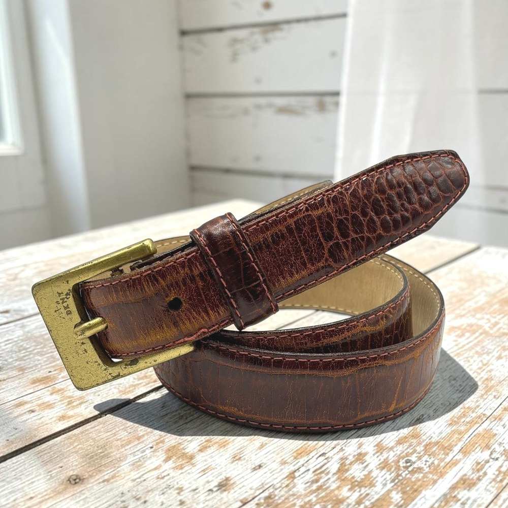 Vintage Belt DKNY L Brown Leather Croc Embossed Brass Buckle USA Preppy Distress